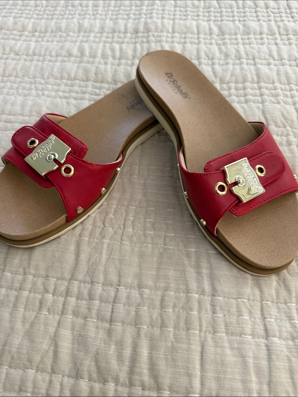 Dr. Scholl’s Red Slide Sandals with Gold Plaque